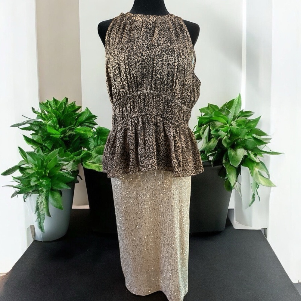 NWT Old Navy Leopard Print Peplum Top & Pretty Guide Retro Sequined Skirt- Set